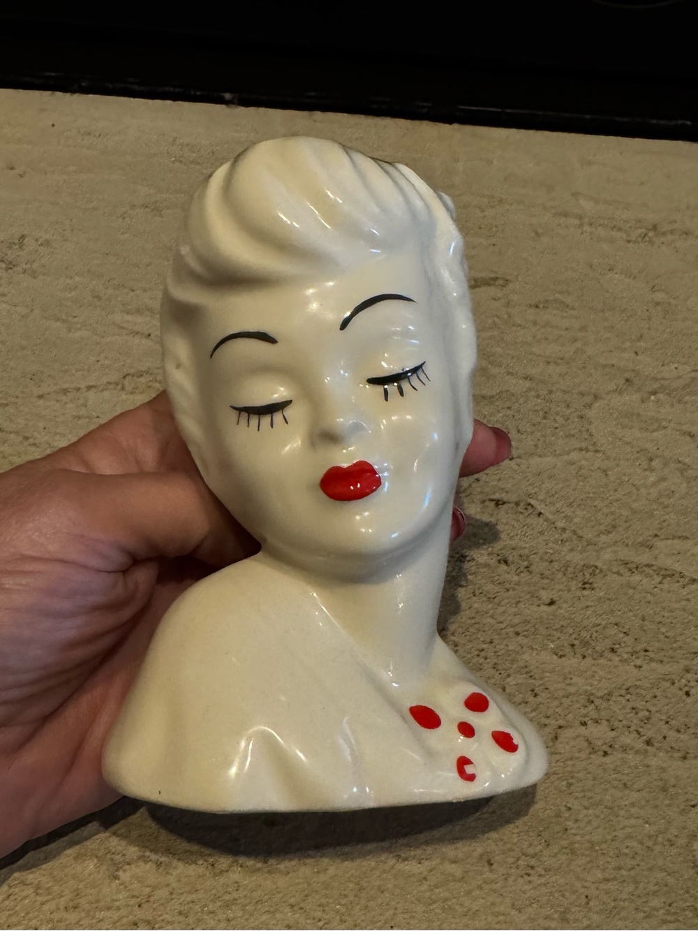 Vintage White Ceramic Head Vase with Red Accents
